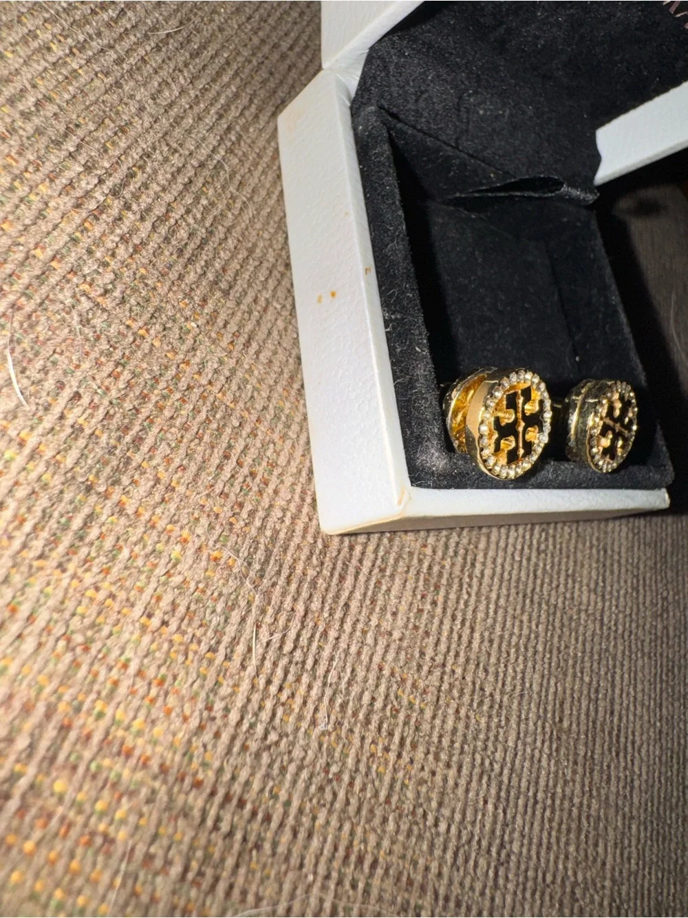 Tory Burch Gold Tone Round Logo-Style CZ Stud Earrings - Gold New without tags